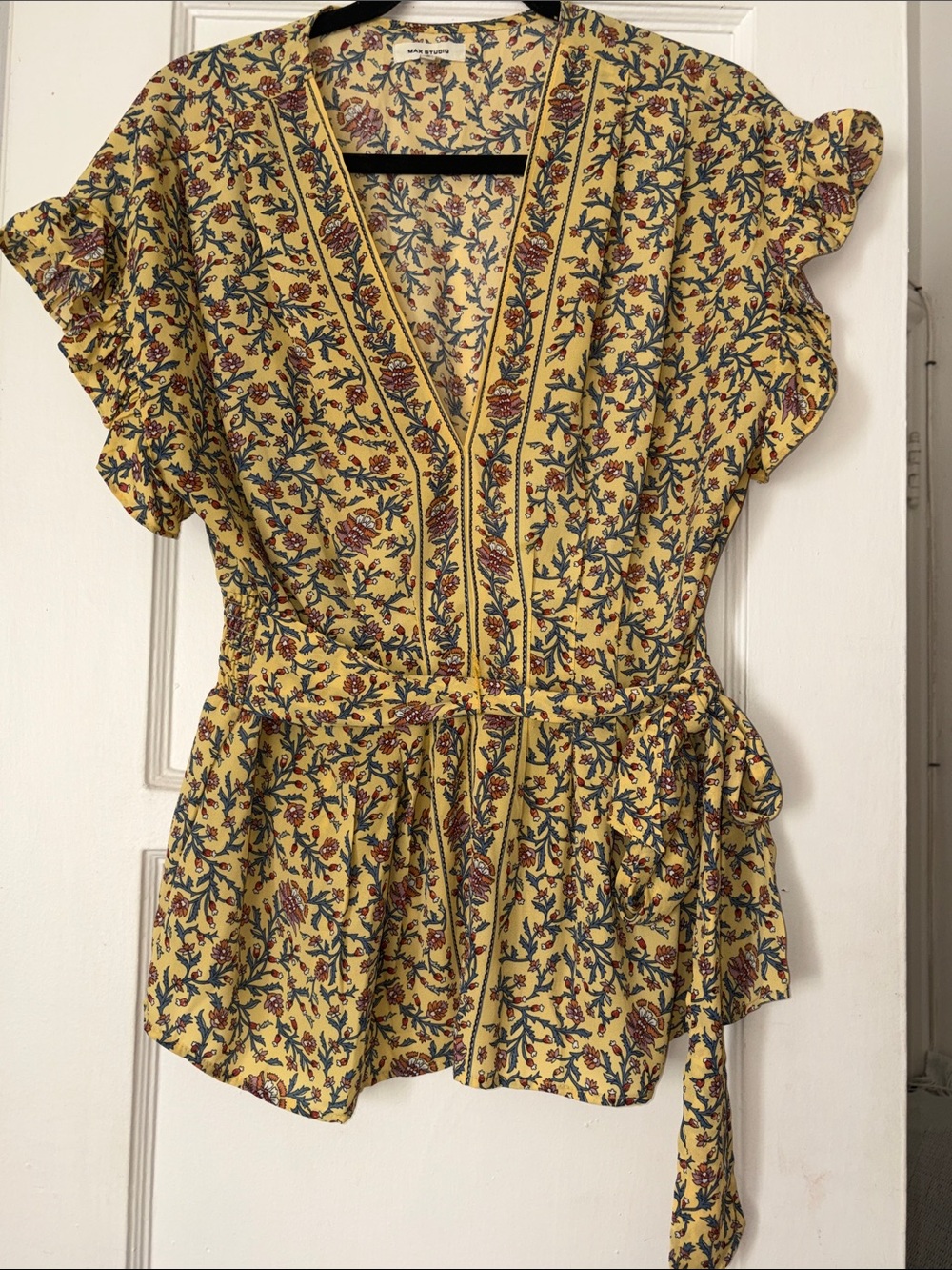 Max Studio Yellow Floral Wrap Blouse with Self Tie